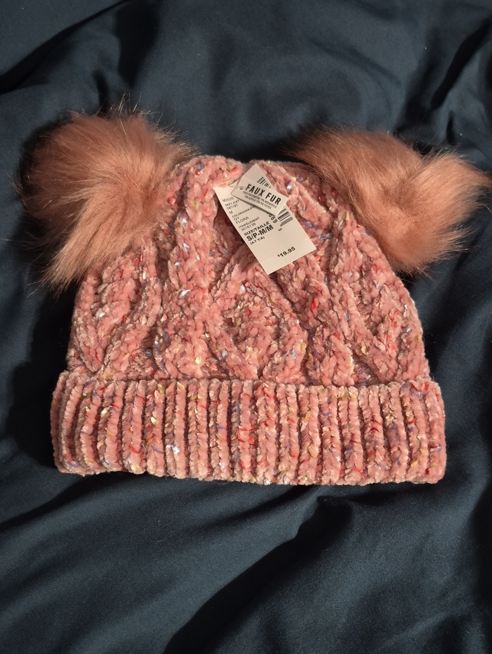 The Children's Place Pink Chenille Knit Beanie with Double Faux Fur Poms